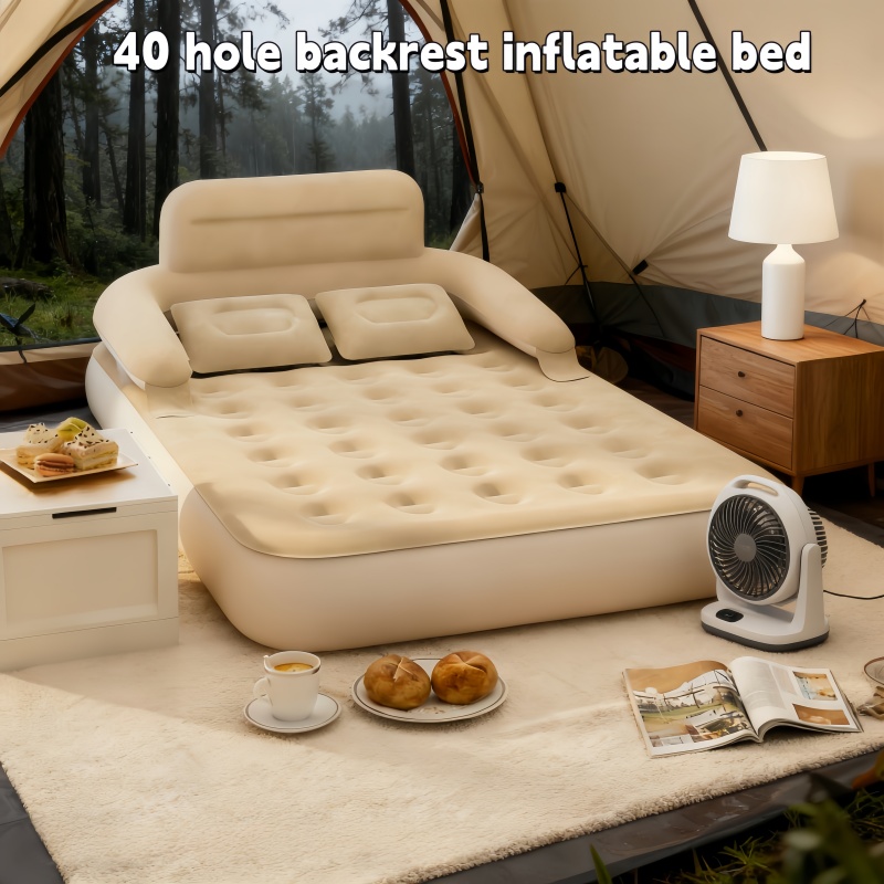Outdoor Camping Mattress - เตียงลมสำหรับตั้งแคมป์กลางแจ้งแบบพกพาสำหรับสองคน พร้อมพนักพิงและโซฟาเป่าลมแบบนุ่มสบาย ใช้เป็นเบาะลมสำหรับนอนพักผ่อนที่บ้านได้