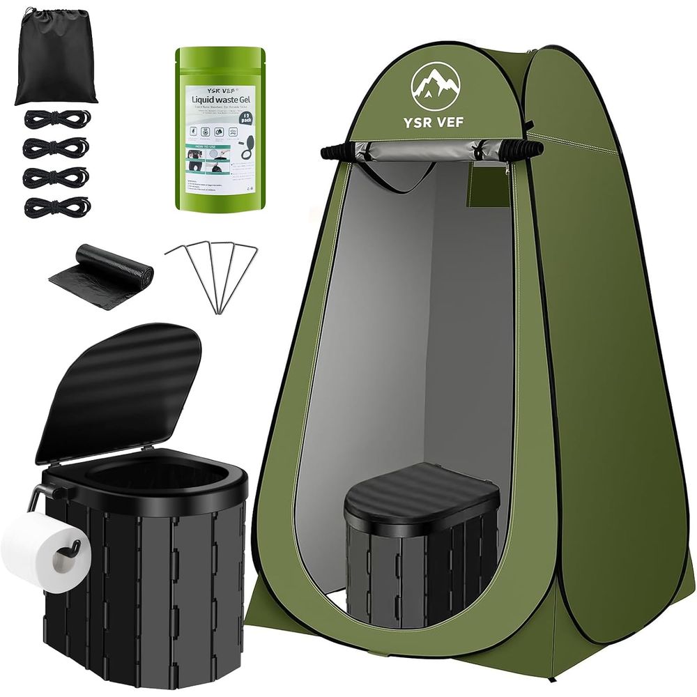 Outdoor Camping Tent - ชุดห้องน้ำพกพา, ห้องน้ำสำหรับตั้งแคมป์พร้อมเต็นท์ปิดแบบพับได้และถุงเจลสำหรับขับถ่าย, ฝักบัวอาบน้ำกลางแจ้งแบบพกพาที่ล้างทำความสะอาดได้