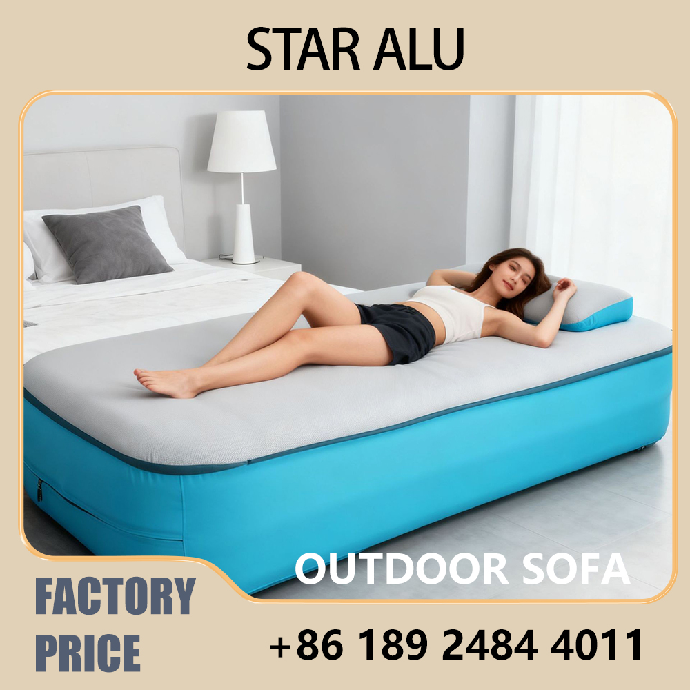 Outdoor Camping Mattress - ที่นอนเป่าลมสำหรับตั้งแคมป์พร้อมหมอนในตัว เตียงลมพกพาสำหรับการเดินทาง แคมป์ปิ้ง และเดินป่า สีฟ้า/เทา