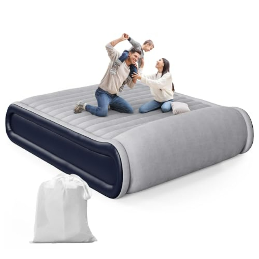 Outdoor Inflatable Camping Tent With Air Pump - ที่นอนลมควีนไซส์พร้อมปั๊มในตัว หมอนยกสูงสำหรับตั้งแคมป์/ใช้ในบ้าน วัสดุ PVC สีเทา ความสูง