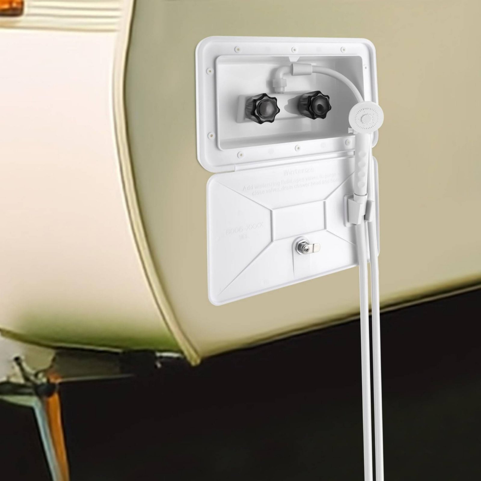 Outdoor Camping Box - กล่องฝักบัวภายนอกรถบ้าน RV ชุดฝักบัวกลางแจ้งขนาดกะทัดรัด อุปกรณ์ตั้งแคมป์ ข้อต่อข้อศอกแบบหมุนได้พร้อมระบบล็อค สำหรับนักเดินทางแคมป์ปิ้งและการเดินทาง