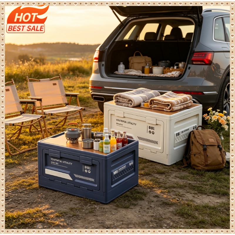 Outdoor Camping Stores - กล่องเก็บของกลางแจ้ง กล่องพับได้สำหรับตั้งแคมป์ อุปกรณ์จัดระเบียบสำหรับตั้งแคมป์ กล่องเก็บของท้ายรถ ฝาไม้ กล่องเก็บของอุตสาหกรรม